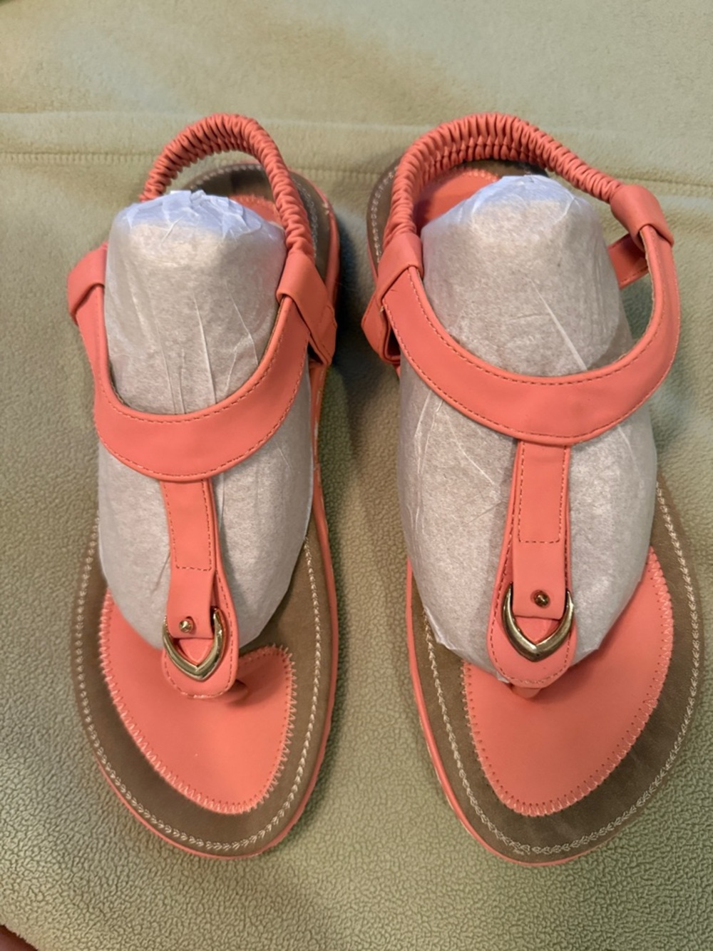 Comfort Coral T-Strap Slingback Bohemian Sandals with Gold Accent